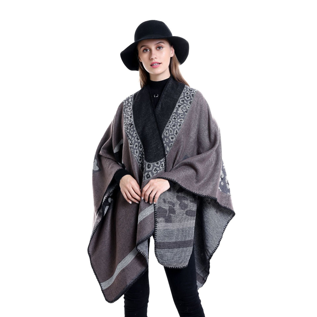 Damen Jacquard-Wollmix Ruana-Poncho mit V-Ausschnitt und Ziernaht Echo Archiv