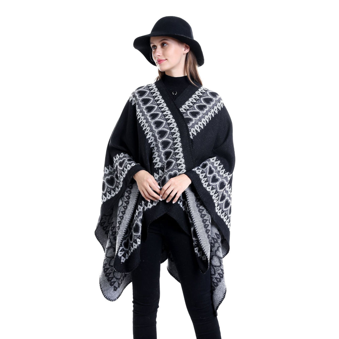 Damen Ruana im Kaschmir‑Touch mit Herz‑Jacquard und offenem V‑Fall Echo Archiv