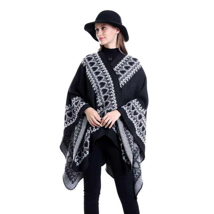 Damen Ruana im Kaschmir‑Touch mit Herz‑Jacquard und offenem V‑Fall Echo Archiv