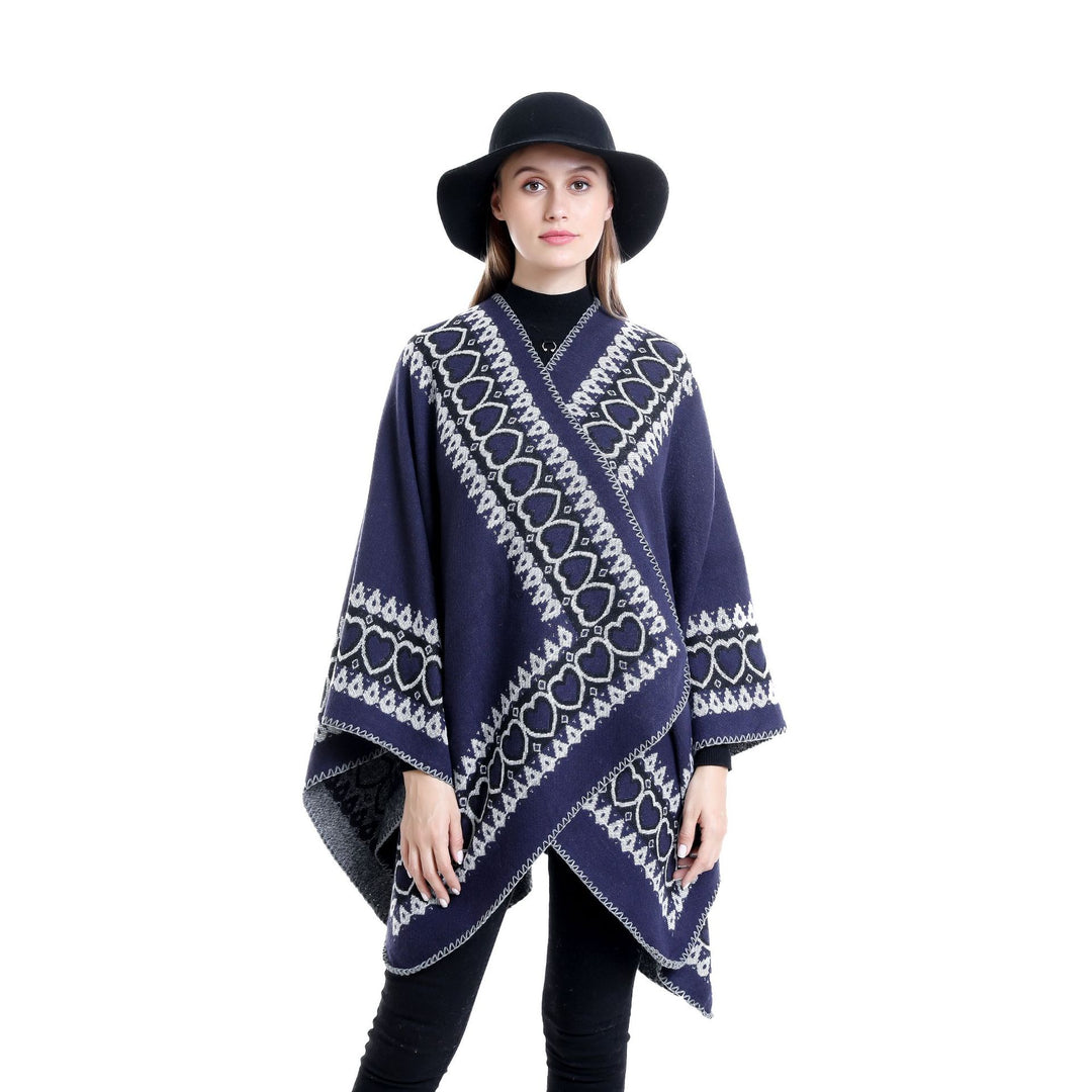 Damen Ruana im Kaschmir‑Touch mit Herz‑Jacquard und offenem V‑Fall Echo Archiv