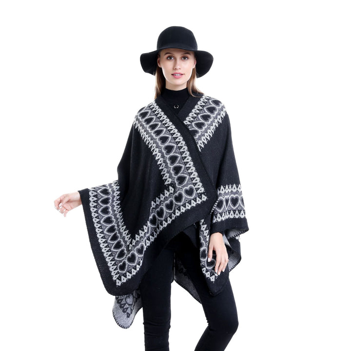 Damen Ruana im Kaschmir‑Touch mit Herz‑Jacquard und offenem V‑Fall Echo Archiv
