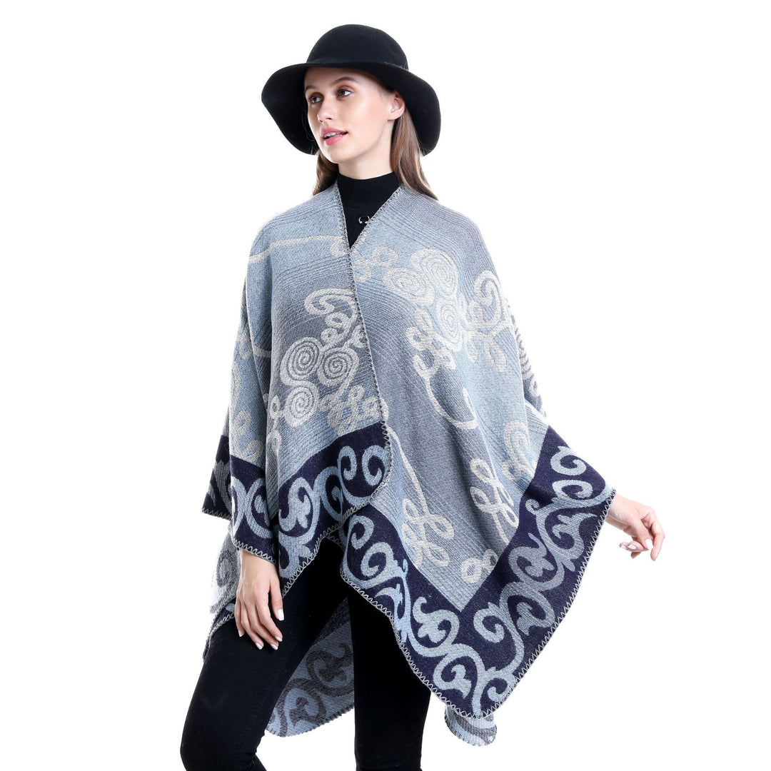 Damen Jacquard‑Ruana‑Poncho aus Wollmix mit asymmetrischem Zipfelsaum – Montévia