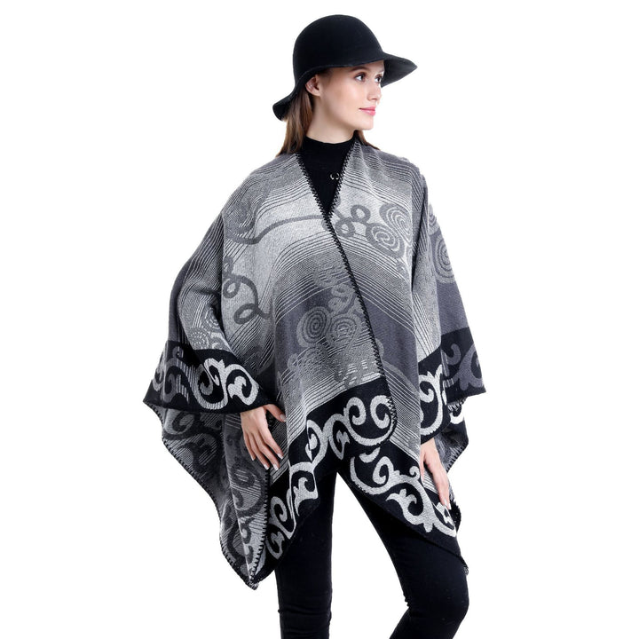 Damen Jacquard‑Ruana‑Poncho aus Wollmix mit asymmetrischem Zipfelsaum – Montévia