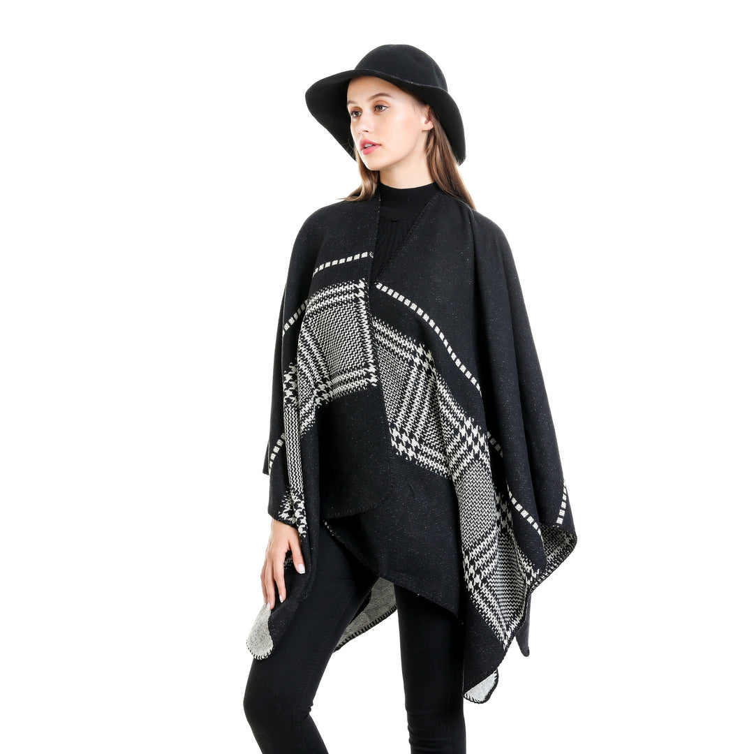 Damen Jacquard-Wollmix-Ruana mit offenem Kimono-Fall und dekorativer Kettelnaht – Montévia