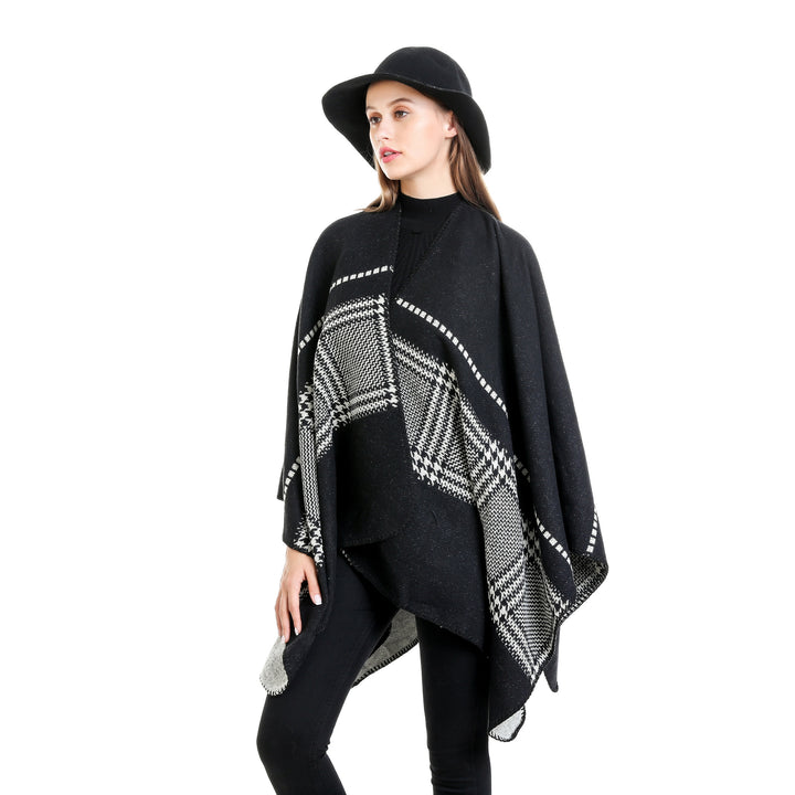Damen Jacquard-Wollmix-Ruana mit offenem Kimono-Fall und dekorativer Kettelnaht – Montévia
