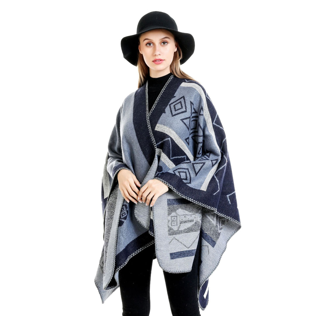 Damen Leichter Ruana-Überwurf mit geometrischem Jacquard und Zipfelsaum – Avérine