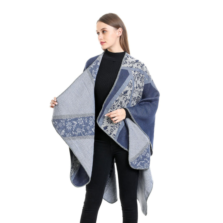 Damen Jacquard-Umhangponcho mit floraler Intarsie und offener Ruana-Silhouette – Montévia