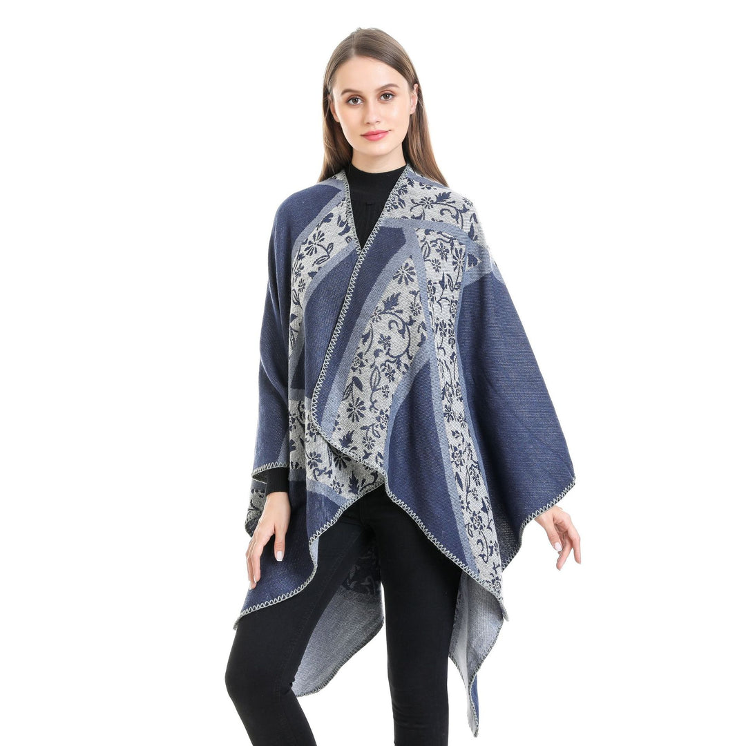Damen Jacquard-Umhangponcho mit floraler Intarsie und offener Ruana-Silhouette – Montévia