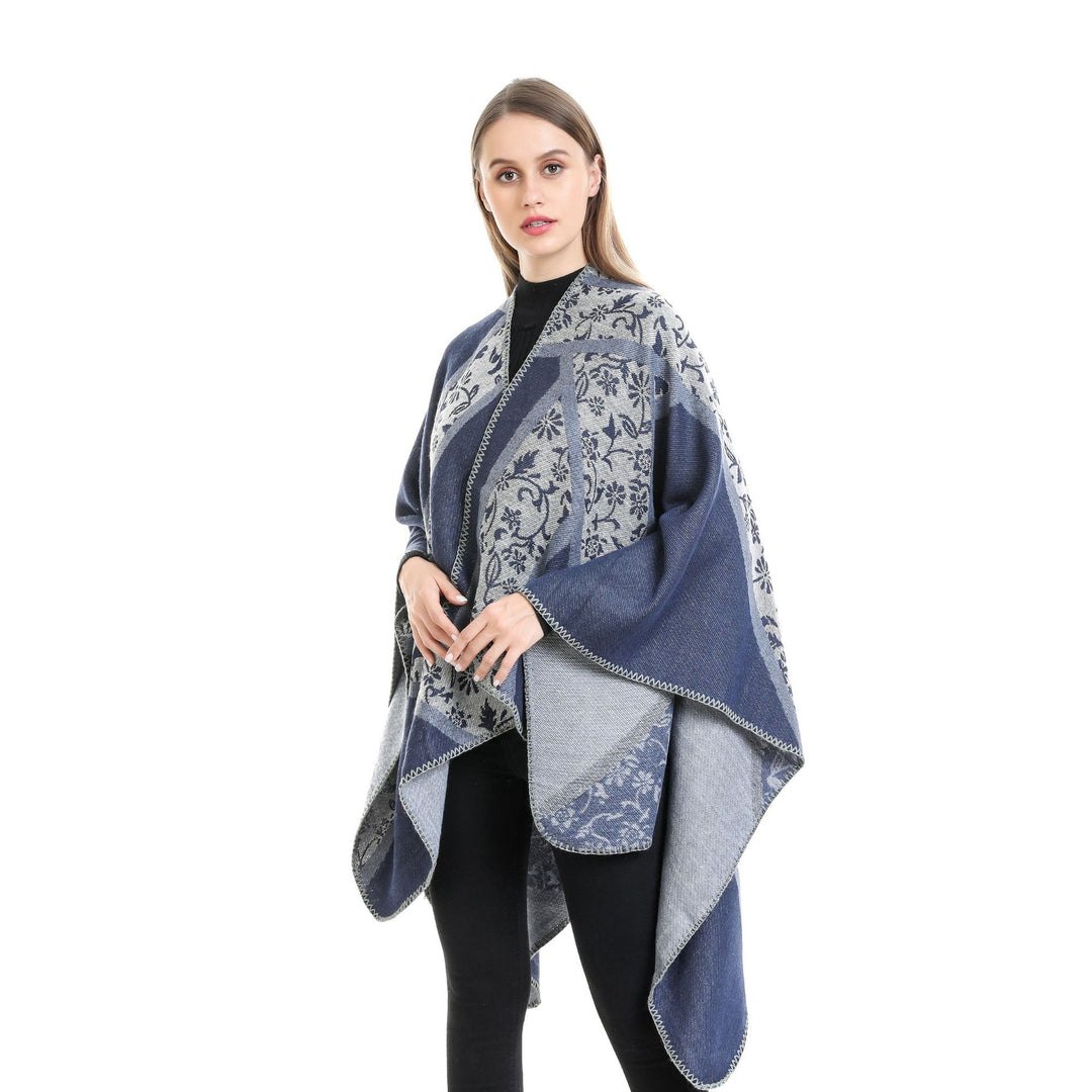 Damen Jacquard-Umhangponcho mit floraler Intarsie und offener Ruana-Silhouette – Montévia
