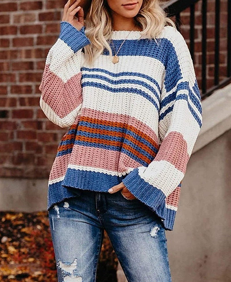 Damen Oversize Waffelstrick-Pullover mit Blockstreifen und überschnittenen Schultern Echo Archiv