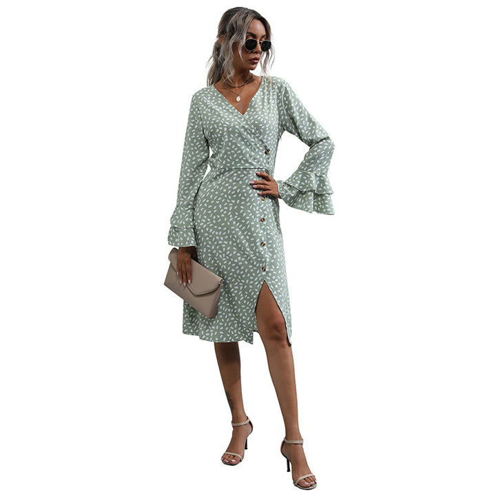 Damen Midi-Wickelkleid im Tupfenmuster mit Volant-Bündchen & Taillenkordel – Élara
