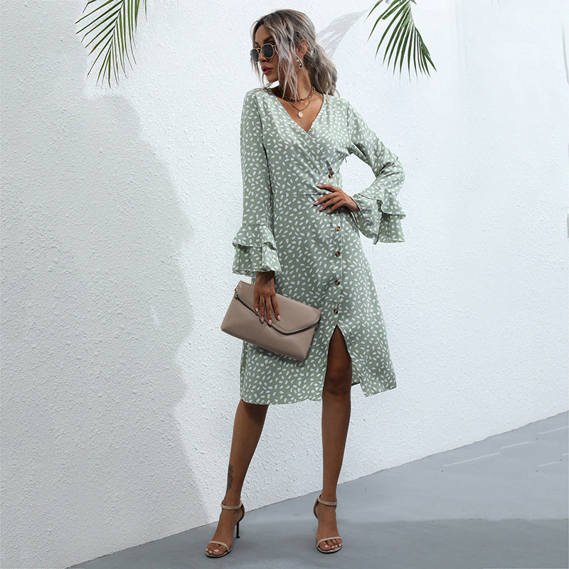 Damen Midi-Wickelkleid im Tupfenmuster mit Volant-Bündchen & Taillenkordel – Élara