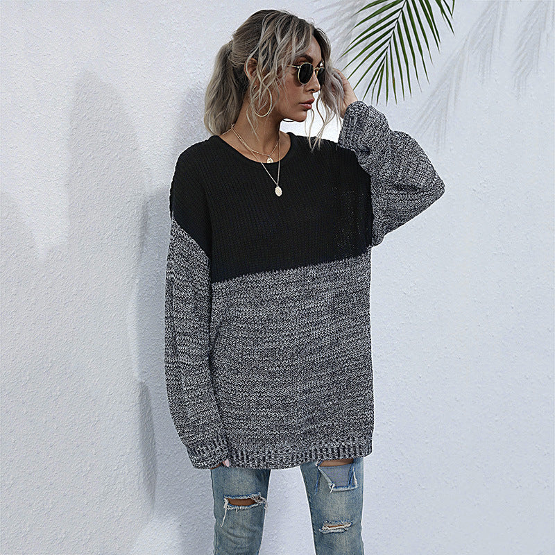 Damen Oversize-Strickpullover im Melange-Blockdesign mit Rundhalsausschnitt & verlängertem Saum Echoarchiv