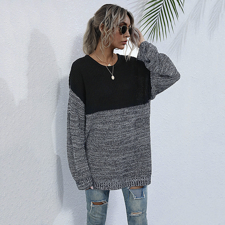 Damen Oversize-Strickpullover im Melange-Blockdesign mit Rundhalsausschnitt & verlängertem Saum Echoarchiv