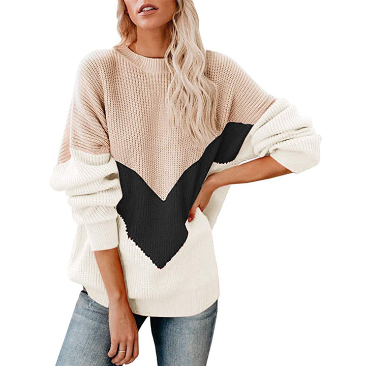 Damen Oversize-Colorblock-Pullover mit V‑Intarsie, Rippbündchen und Strukturstrick Echo Archiv