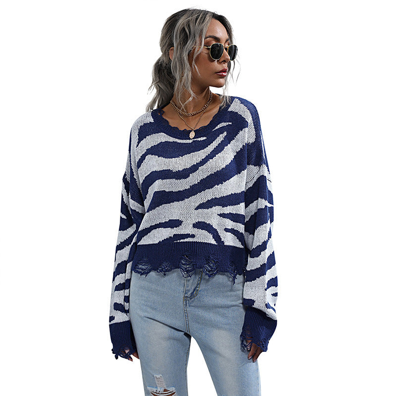 Damen Oversize-Strickpullover mit ZEchoarchivramuster, destroyed Saum & weitem Schnitt Echoarchiv