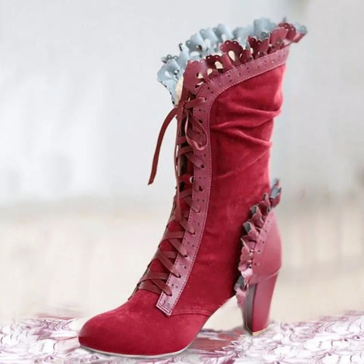 Damen Schnür‑Stiefelette mit Rüschenbesatz und mittelhohem Blockabsatz Echoarchiv