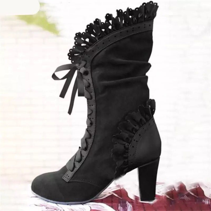 Damen Schnür‑Stiefelette mit Rüschenbesatz und mittelhohem Blockabsatz Echoarchiv