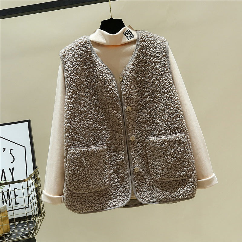 Damen kuschelige Teddyweste mit Druckknopf und aufgesetzten Taschen – Avérine