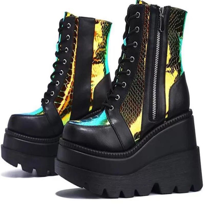 Damen nan Plateau-Bikerstiefel mit holografischen Einsätzen, Schnürung und seitlichem Reißverschluss Echo Archiv