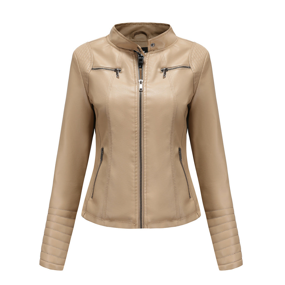Damen nan taillierte Bikerjacke aus Kunstleder mit Stehkragen und gesteppter Ärmelpartie Echo Archiv