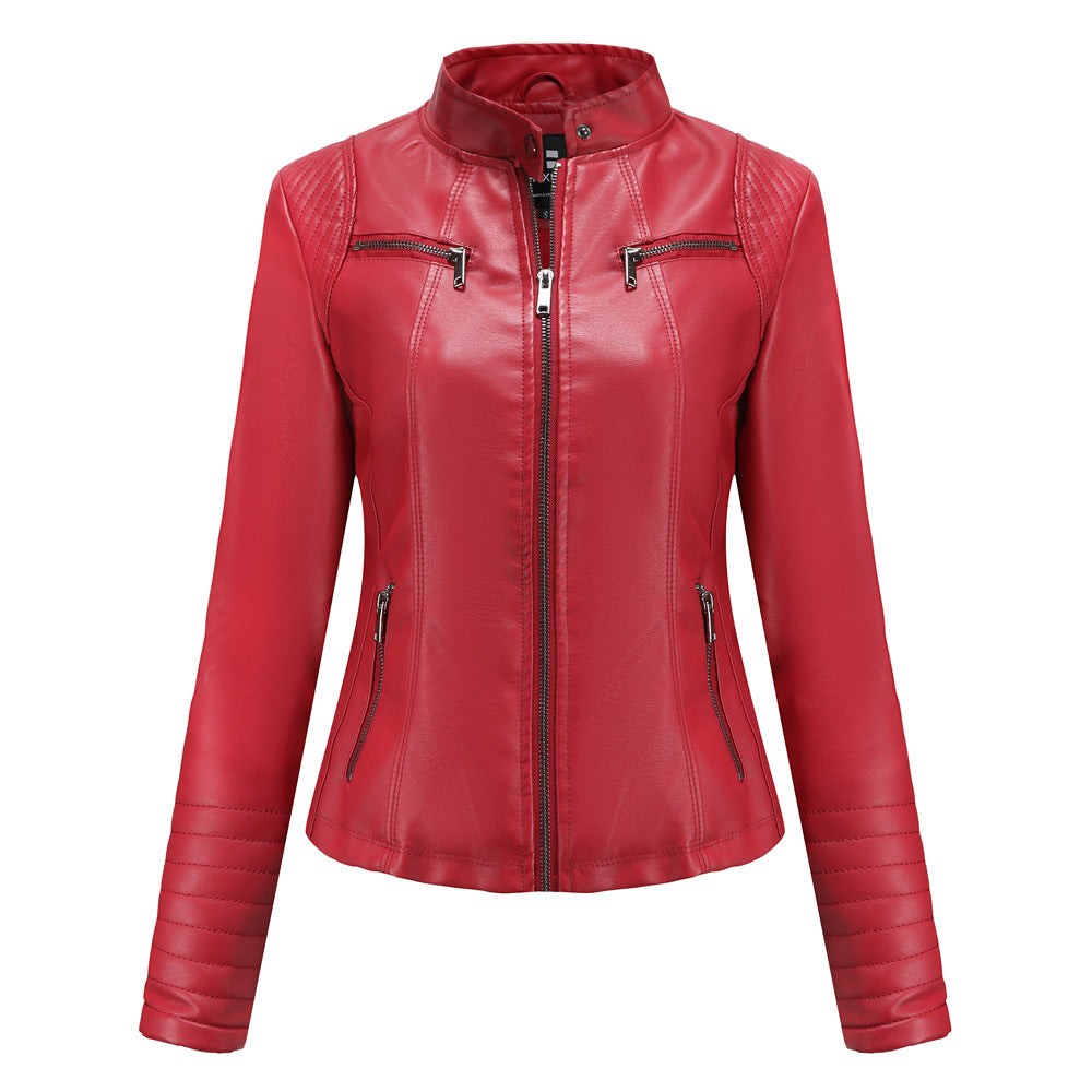Damen nan taillierte Bikerjacke aus Kunstleder mit Stehkragen und gesteppter Ärmelpartie Echo Archiv