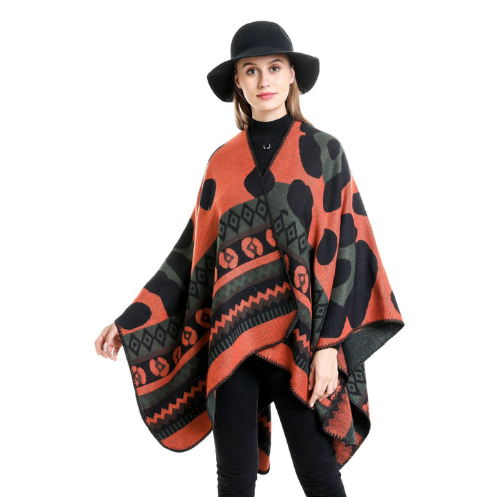 Damen Jacquard-Ruana‑Poncho mit Ethno‑Jacquard und offenem Oversize‑Fall Echo Archiv