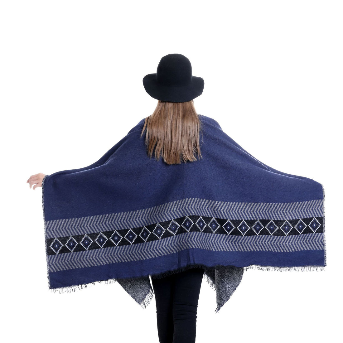 Damen Jacquard‑Ruana mit floralem Motiv, doppellagig und Fransensaum – Avérine