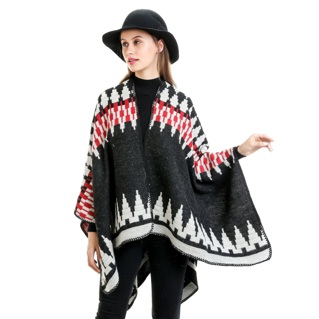 Damen Jacquard-Strickruana mit geometrischem Oversize-Fall und V-Ausschnitt Echo Archiv