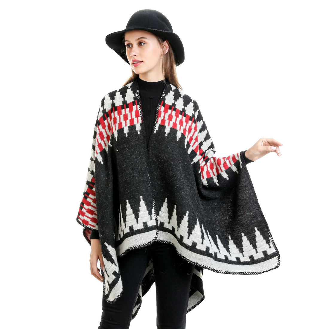 Damen Jacquard-Strickruana mit geometrischem Oversize-Fall und V-Ausschnitt – Veloura