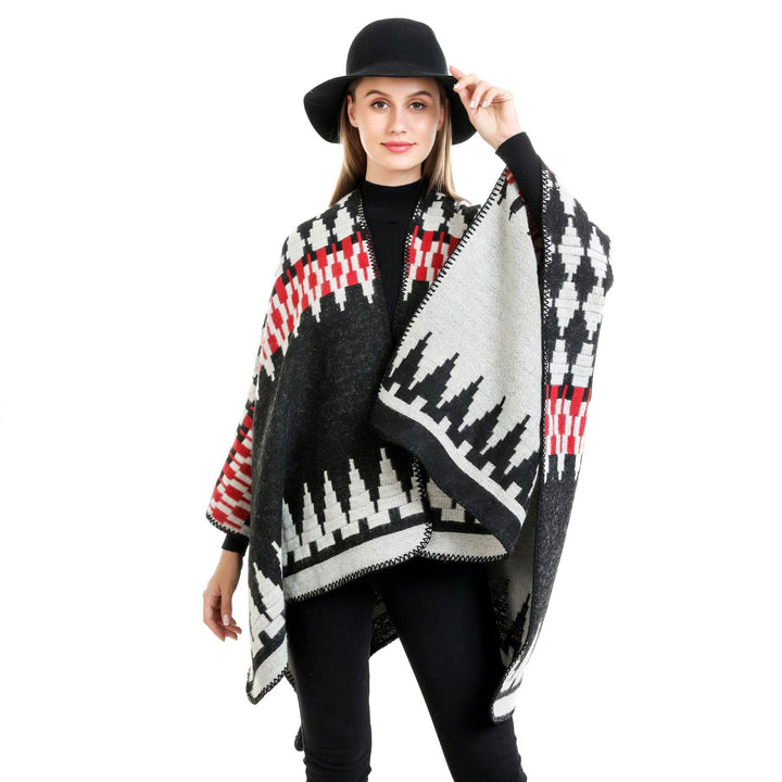 Damen Jacquard-Strickruana mit geometrischem Oversize-Fall und V-Ausschnitt Echo Archiv