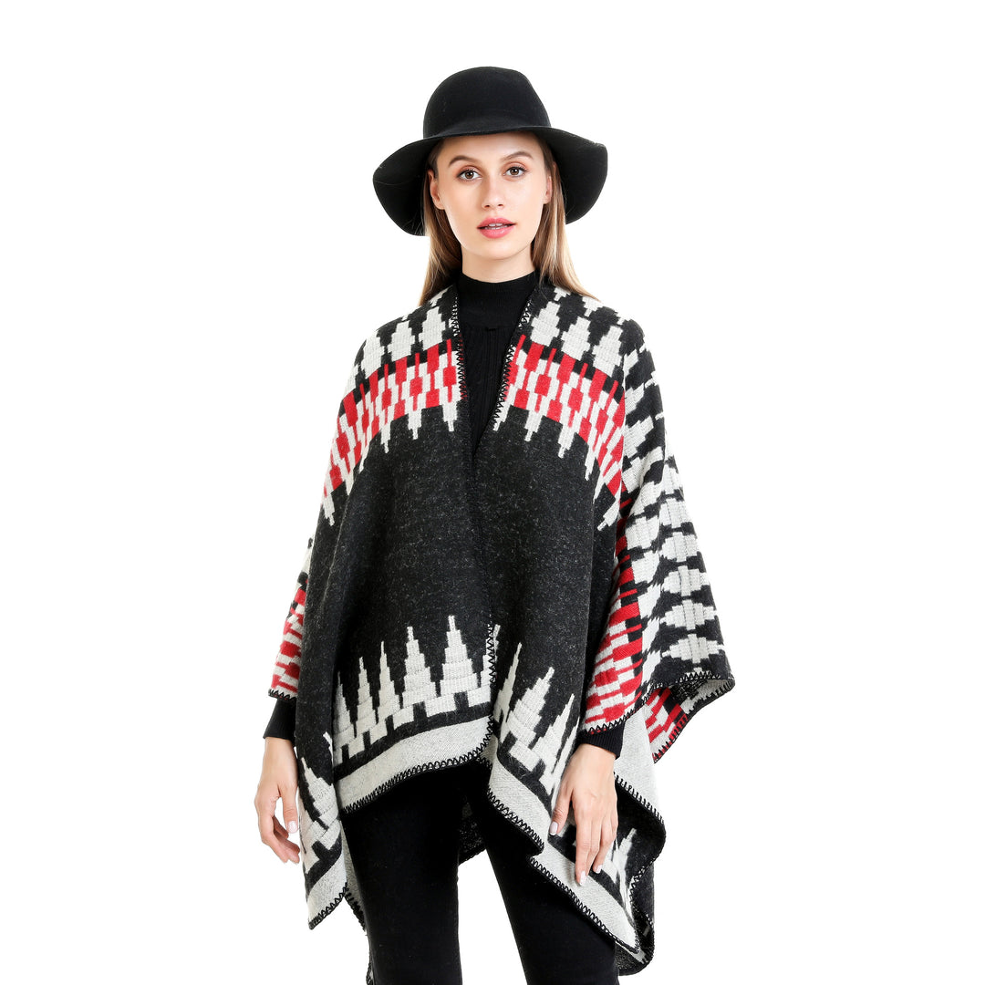 Damen Jacquard-Strickruana mit geometrischem Oversize-Fall und V-Ausschnitt Echo Archiv