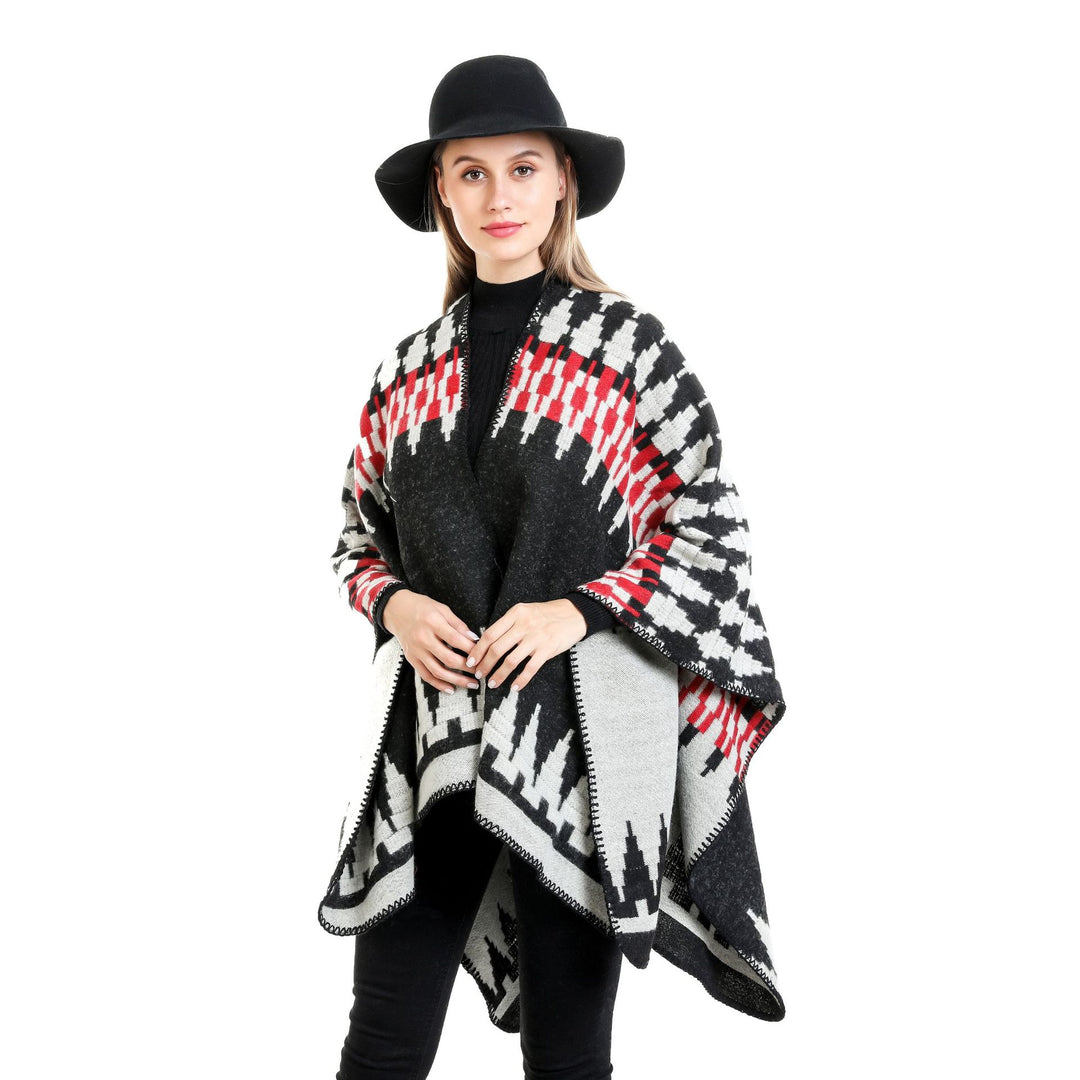 Damen Jacquard-Strickruana mit geometrischem Oversize-Fall und V-Ausschnitt Echo Archiv