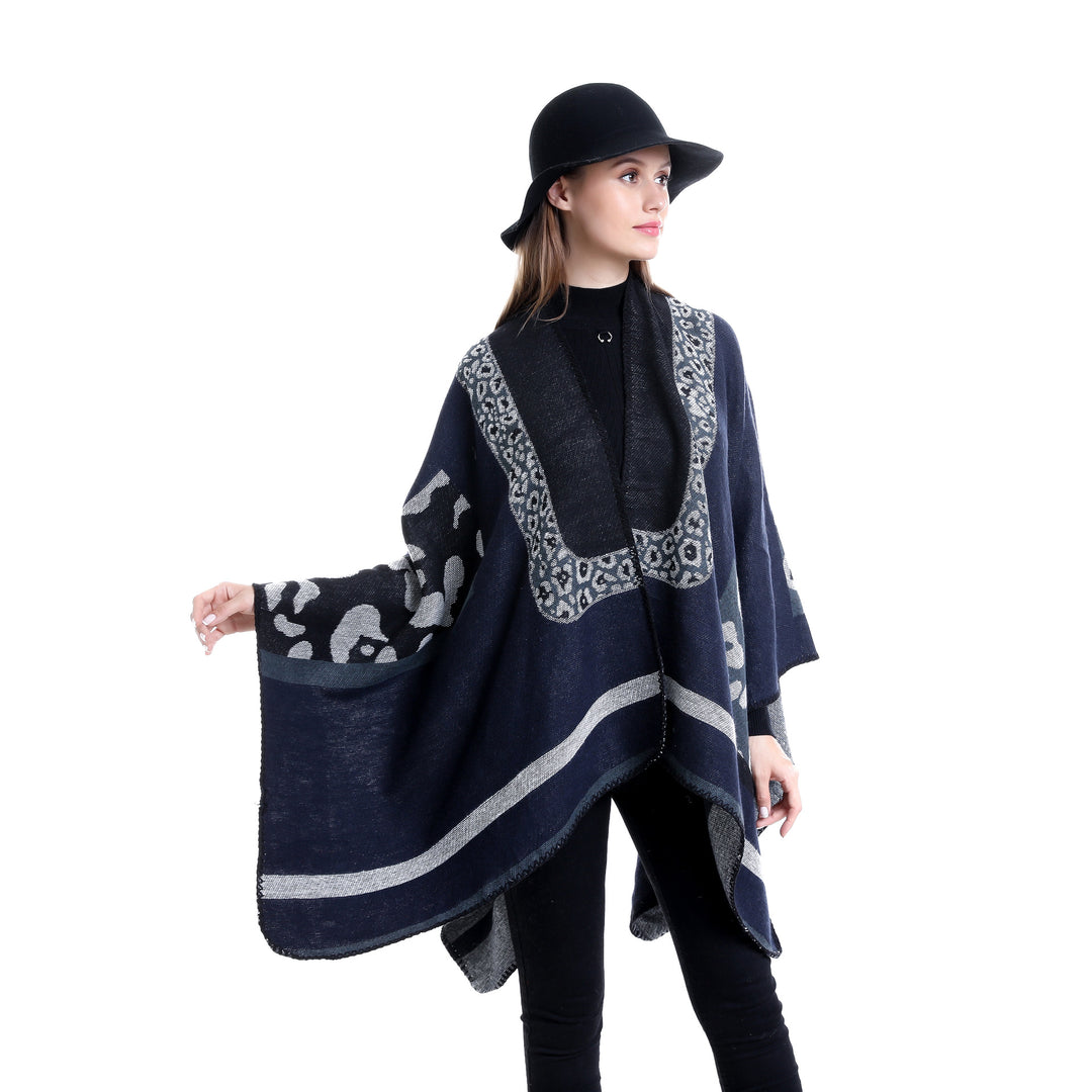 Damen Jacquard-Wollmix Ruana-Poncho mit V-Ausschnitt und Ziernaht Echo Archiv