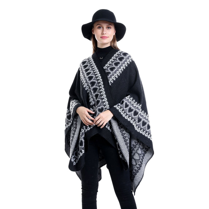 Damen Ruana im Kaschmir‑Touch mit Herz‑Jacquard und offenem V‑Fall Echo Archiv
