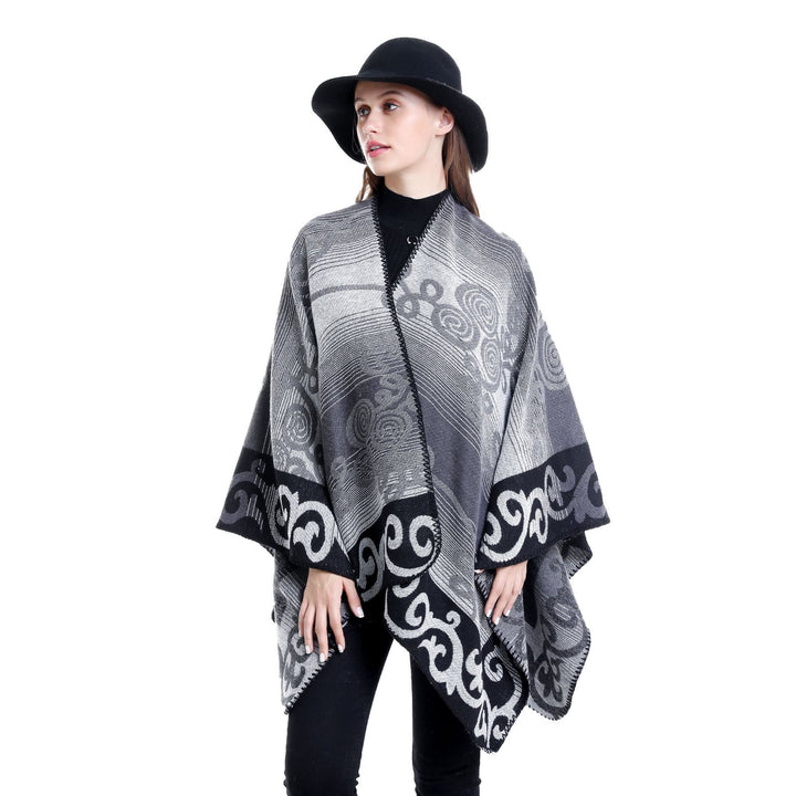 Damen Jacquard‑Ruana‑Poncho aus Wollmix mit asymmetrischem Zipfelsaum – Montévia