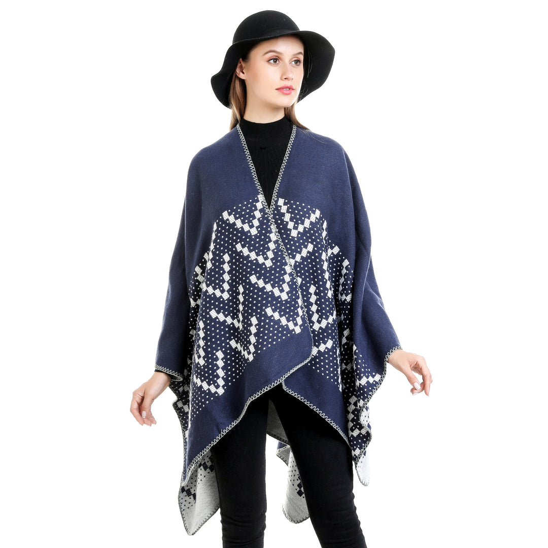 Damen Jacquard-Wickelruana mit geometrischem Muster und offener Kimono‑Silhouette – Avérine
