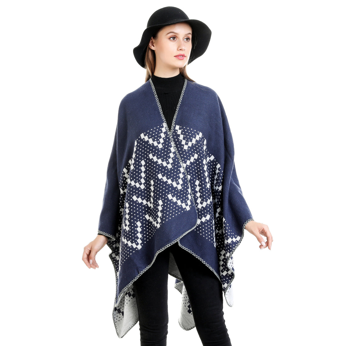 Damen Jacquard-Wickelruana mit geometrischem Muster und offener Kimono‑Silhouette – Avérine