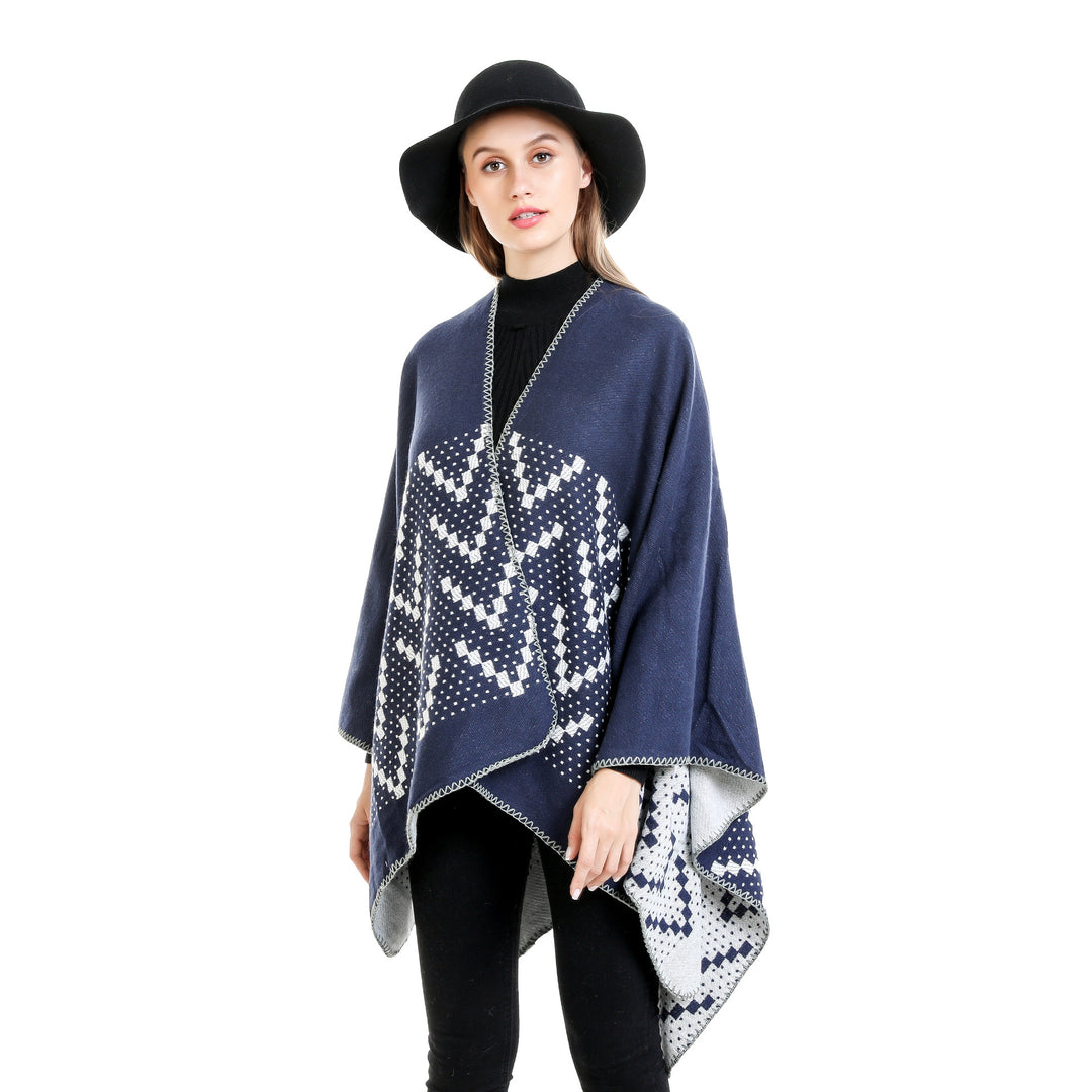 Damen Jacquard-Wickelruana mit geometrischem Muster und offener Kimono‑Silhouette – Avérine