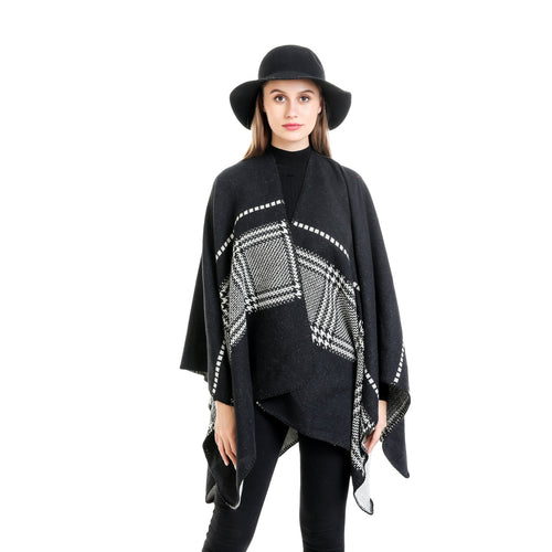 Damen Jacquard-Wollmix-Ruana mit offenem Kimono-Fall und dekorativer Kettelnaht – Montévia