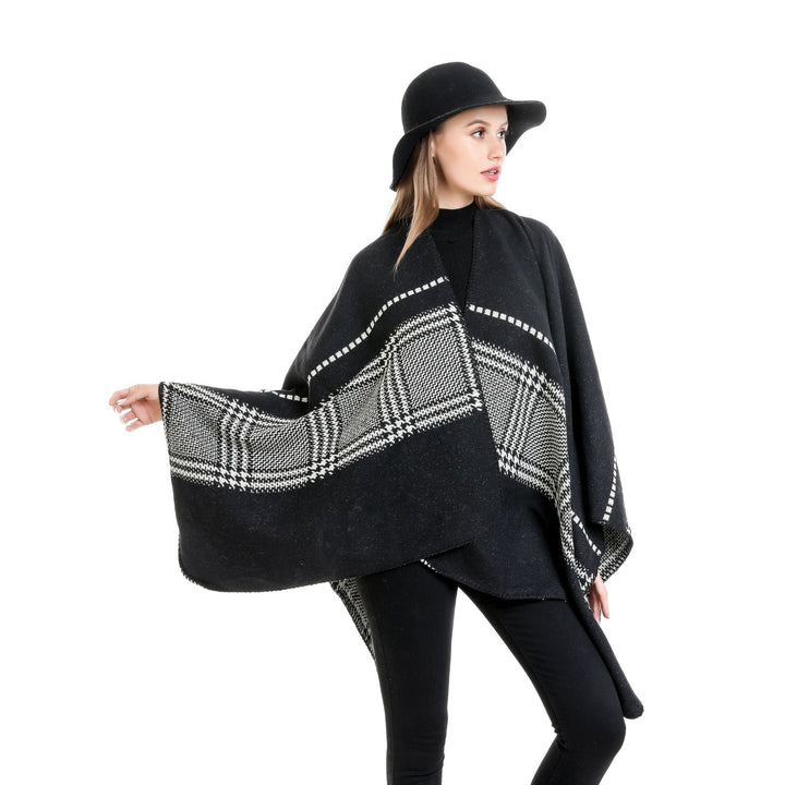 Damen Jacquard-Wollmix-Ruana mit offenem Kimono-Fall und dekorativer Kettelnaht – Montévia