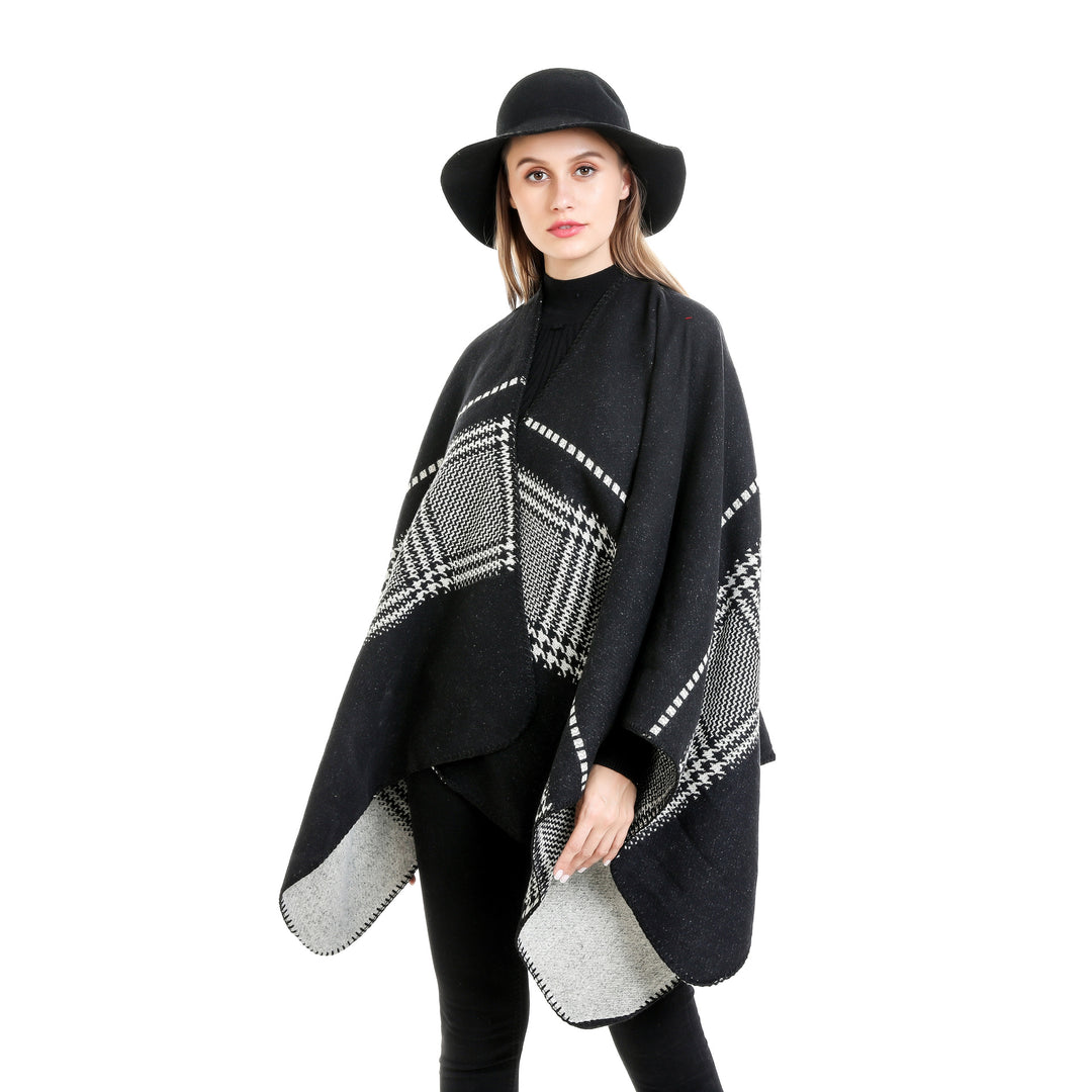 Damen Jacquard-Wollmix-Ruana mit offenem Kimono-Fall und dekorativer Kettelnaht – Montévia