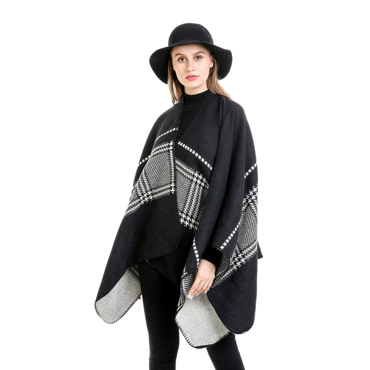 Damen Jacquard-Wollmix-Ruana mit offenem Kimono-Fall und dekorativer Kettelnaht – Montévia