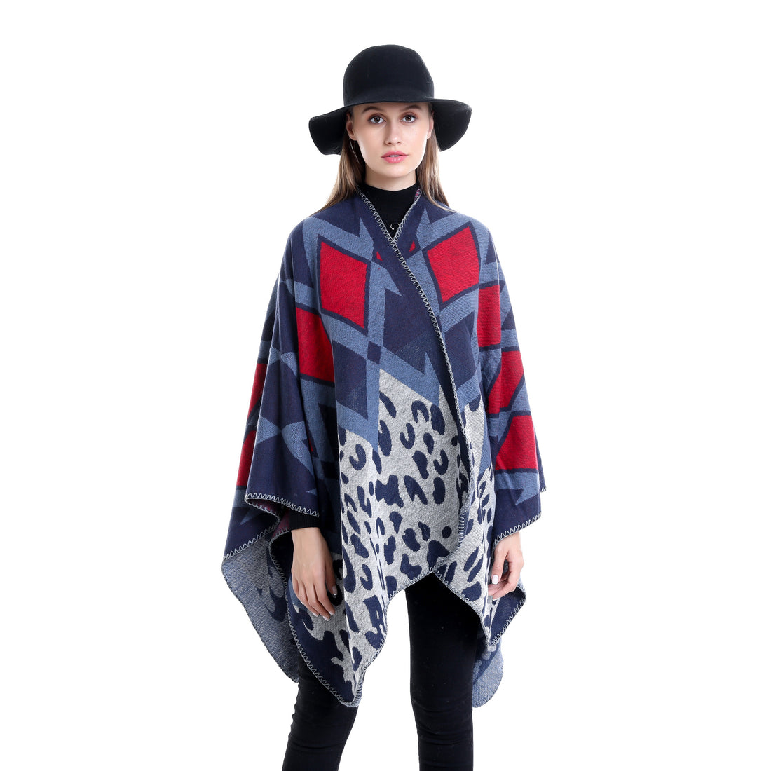 Damen Oversize-Ruana-Poncho mit geometrischem und Animal-Jacquard – Célinea