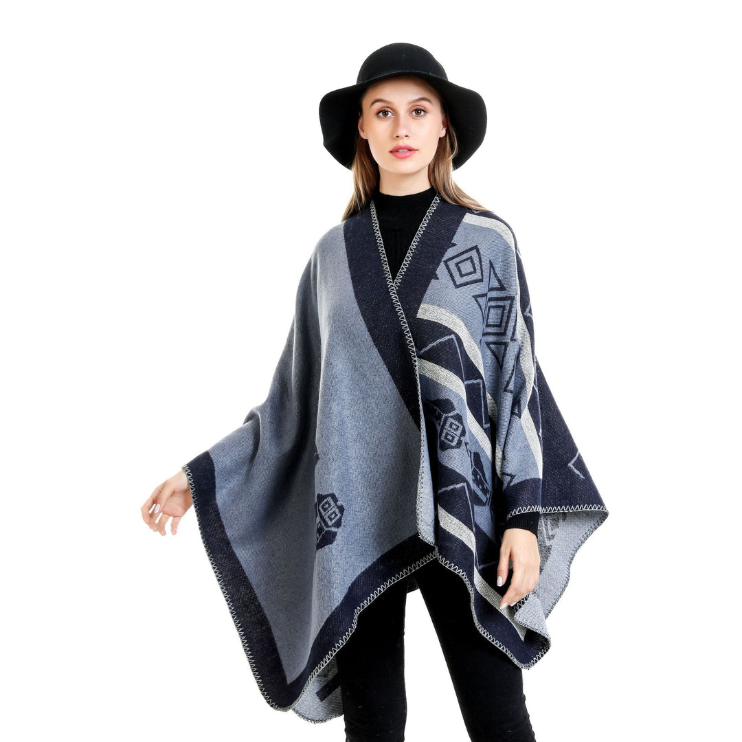 Damen Leichter Ruana-Überwurf mit geometrischem Jacquard und Zipfelsaum – Avérine