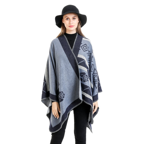 Damen Leichter Ruana-Überwurf mit geometrischem Jacquard und Zipfelsaum – Avérine