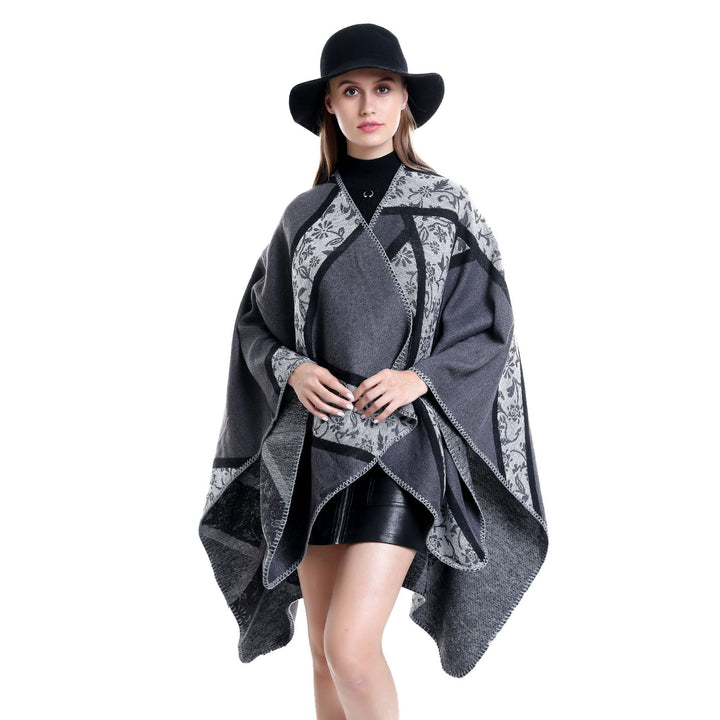 Damen Jacquard-Umhangponcho mit floraler Intarsie und offener Ruana-Silhouette – Montévia