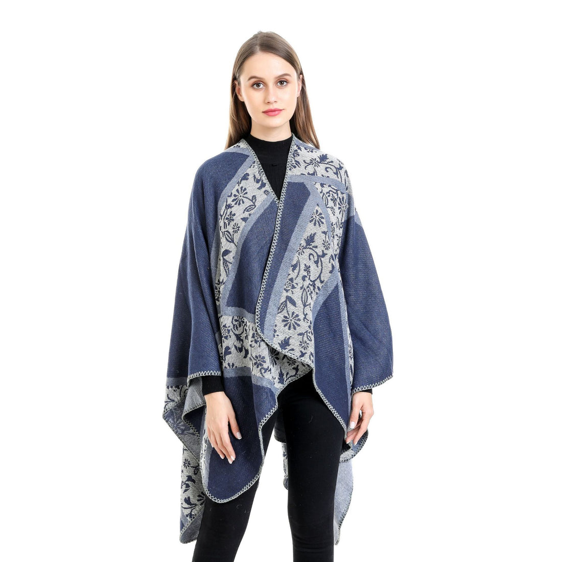 Damen Jacquard-Umhangponcho mit floraler Intarsie und offener Ruana-Silhouette – Montévia