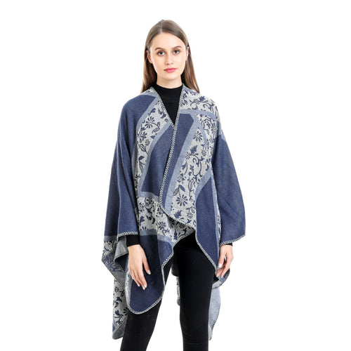 Damen Jacquard-Umhangponcho mit floraler Intarsie und offener Ruana-Silhouette – Montévia
