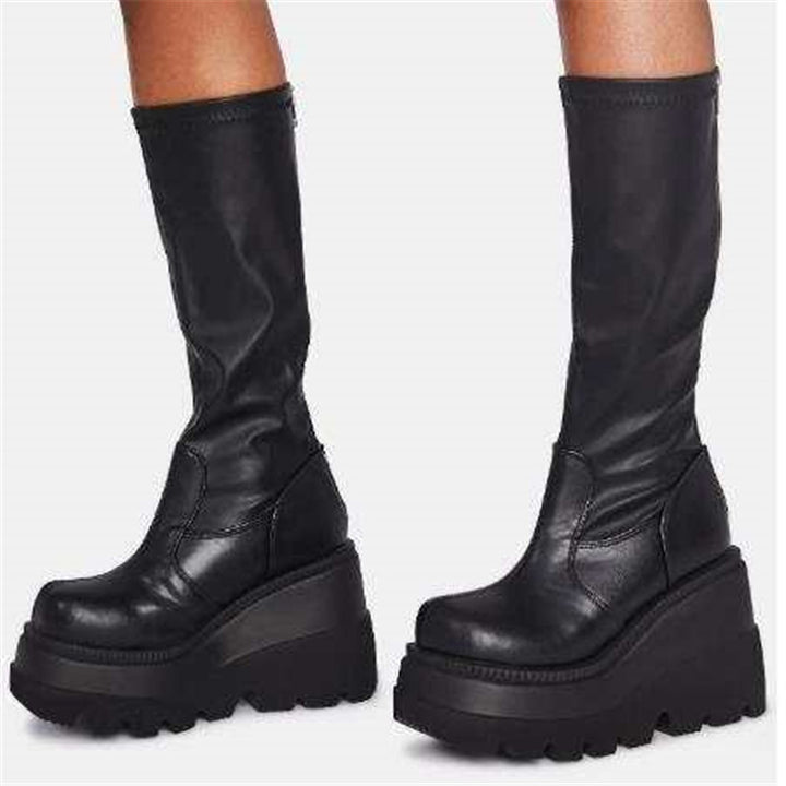 Damen Overknee-Plateau-Stiefel mit klobiger Lug-Sohle und seitlichem Reißverschluss – Lioré